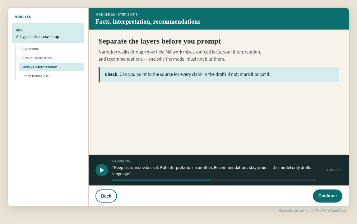Illustrative learner frame: narration bar under a guardrails lesson step